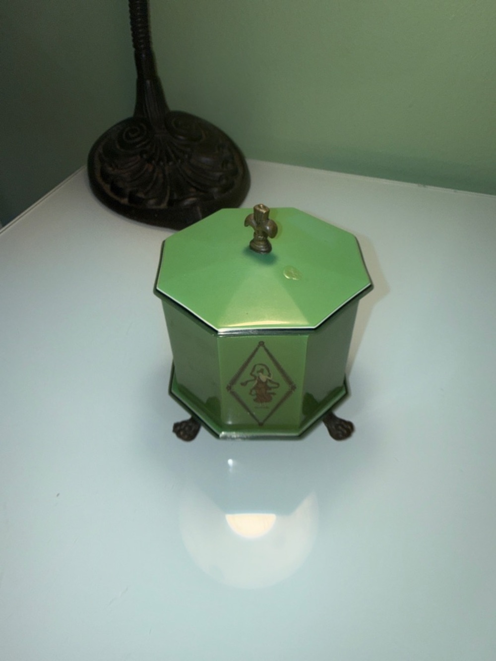 Antique Green Octagonal Decorative Trinket Box with Brass Feet